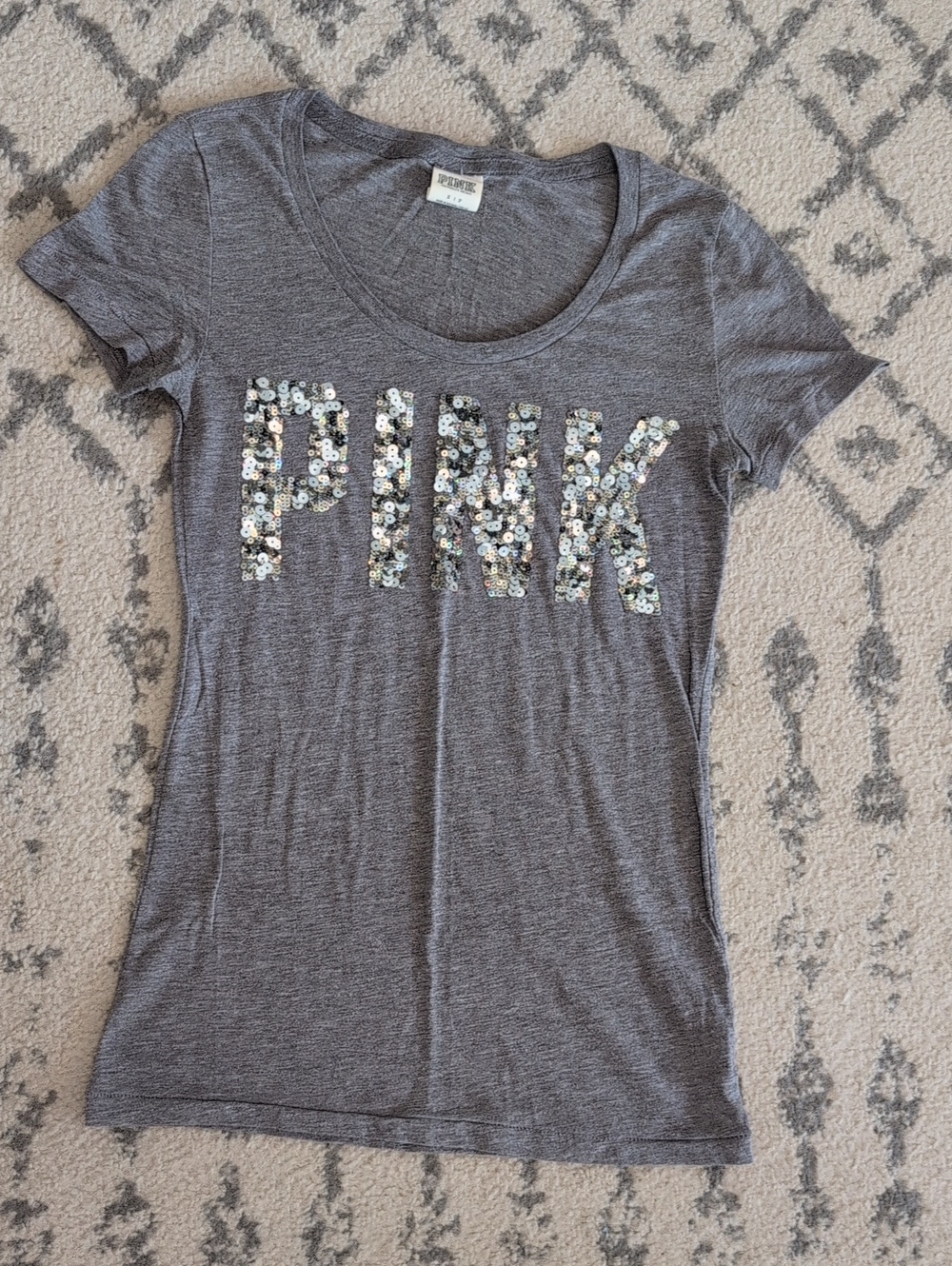 PINK Sequin Logo Gray Scoop Neck Tee